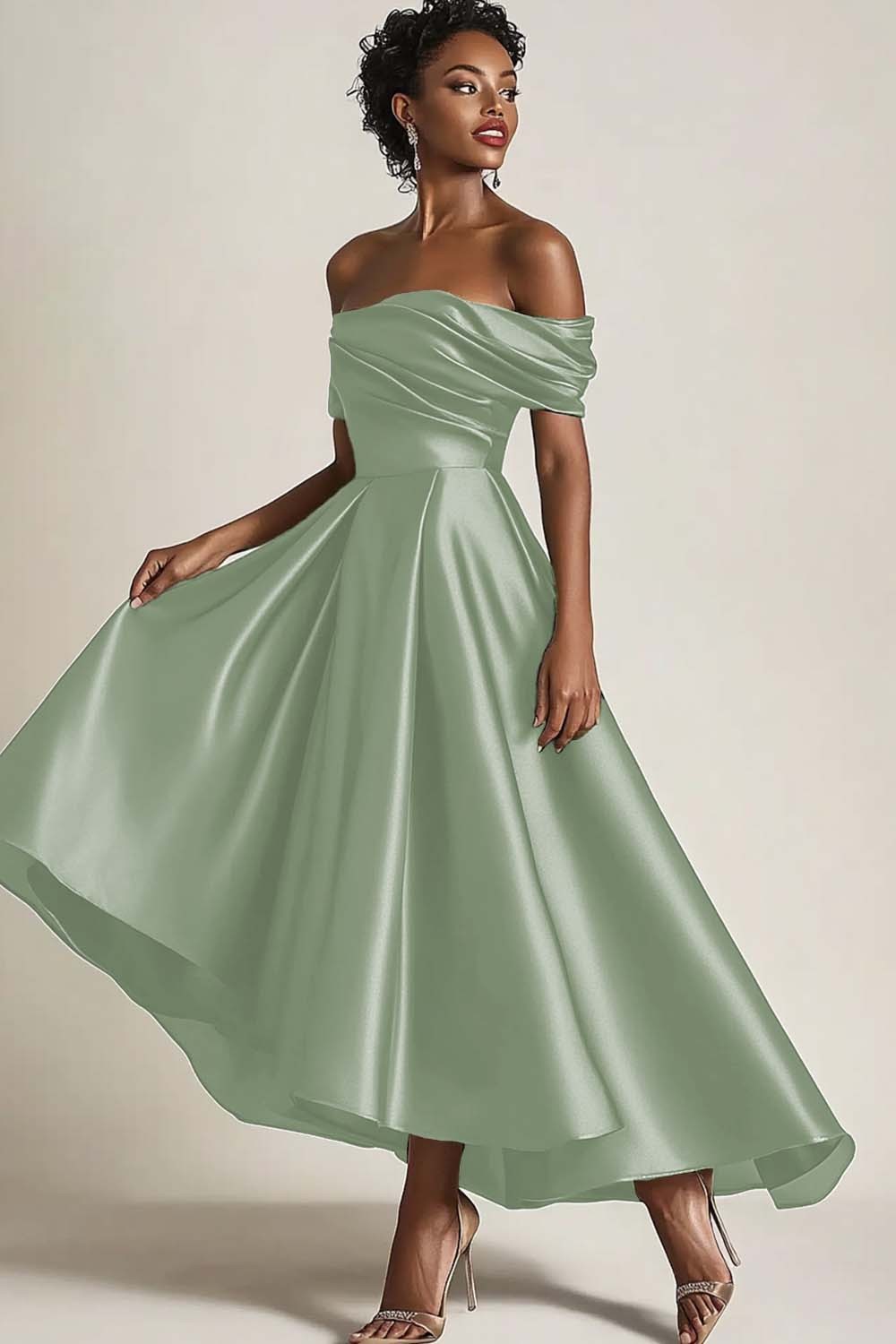 Off the Shoulder Satin Olive A-Line Mother of the Bride Dress