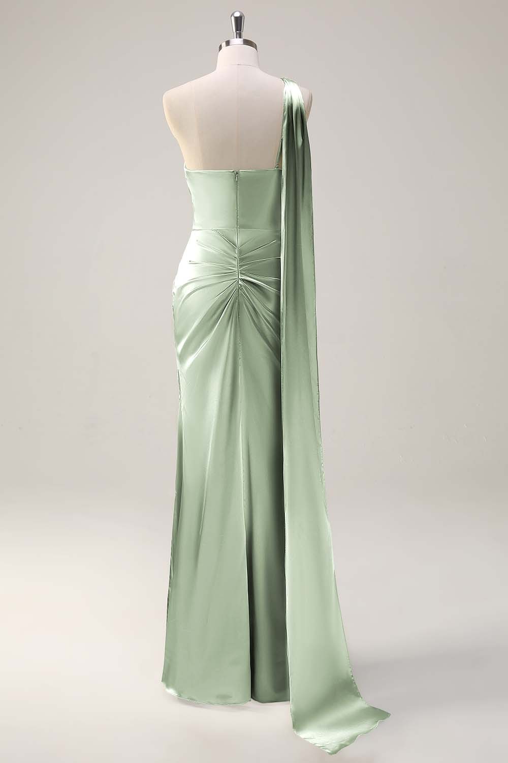 Sage One Shoulder Sheath Satin Watteau Train Bridesmaid Dress