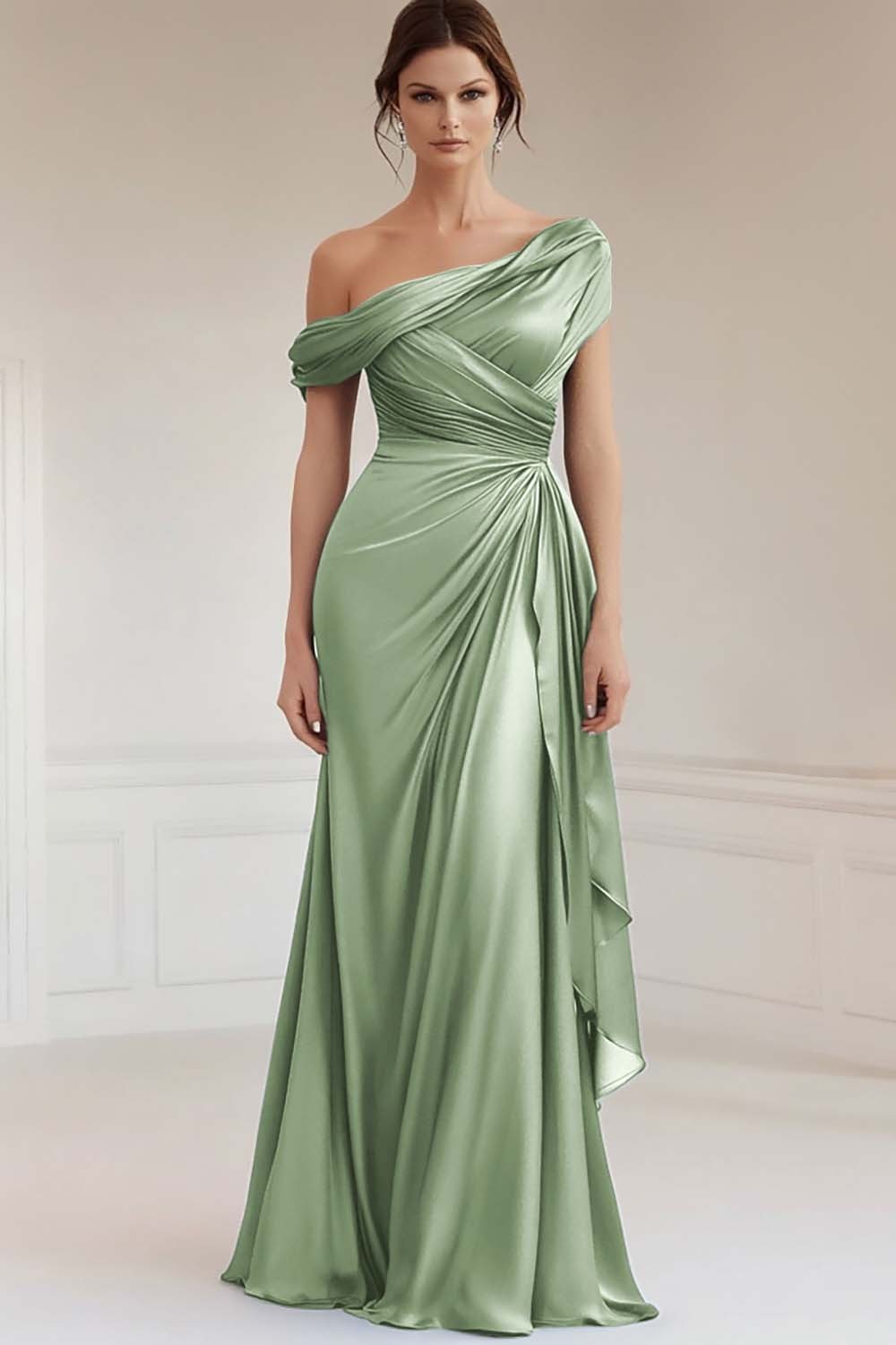 Grey Blue Satin One Shoulder Sheath Mother of the Bride Dress