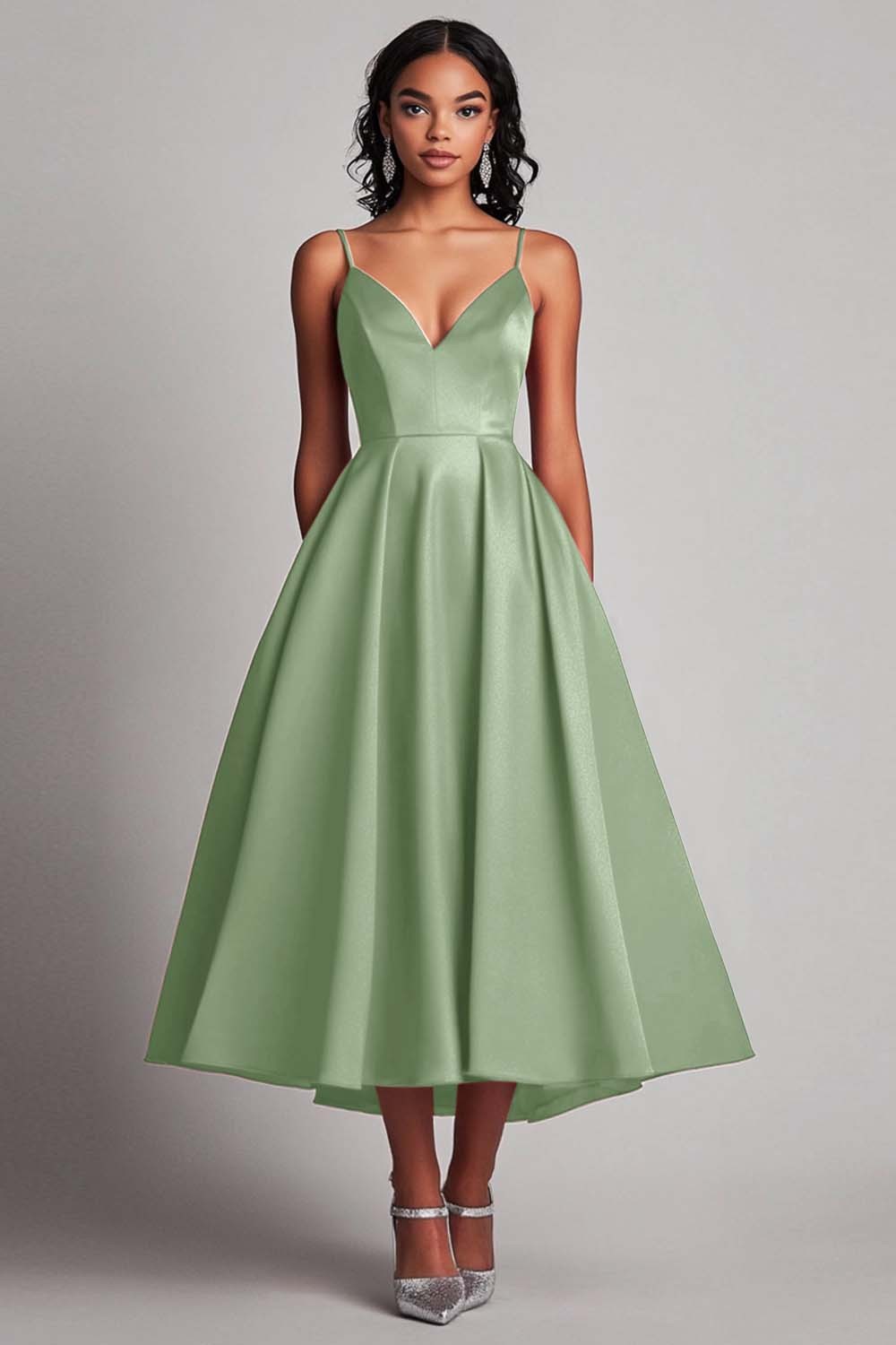 Red Satin A-Line Spaghetti Straps Tea Length Formal Dress