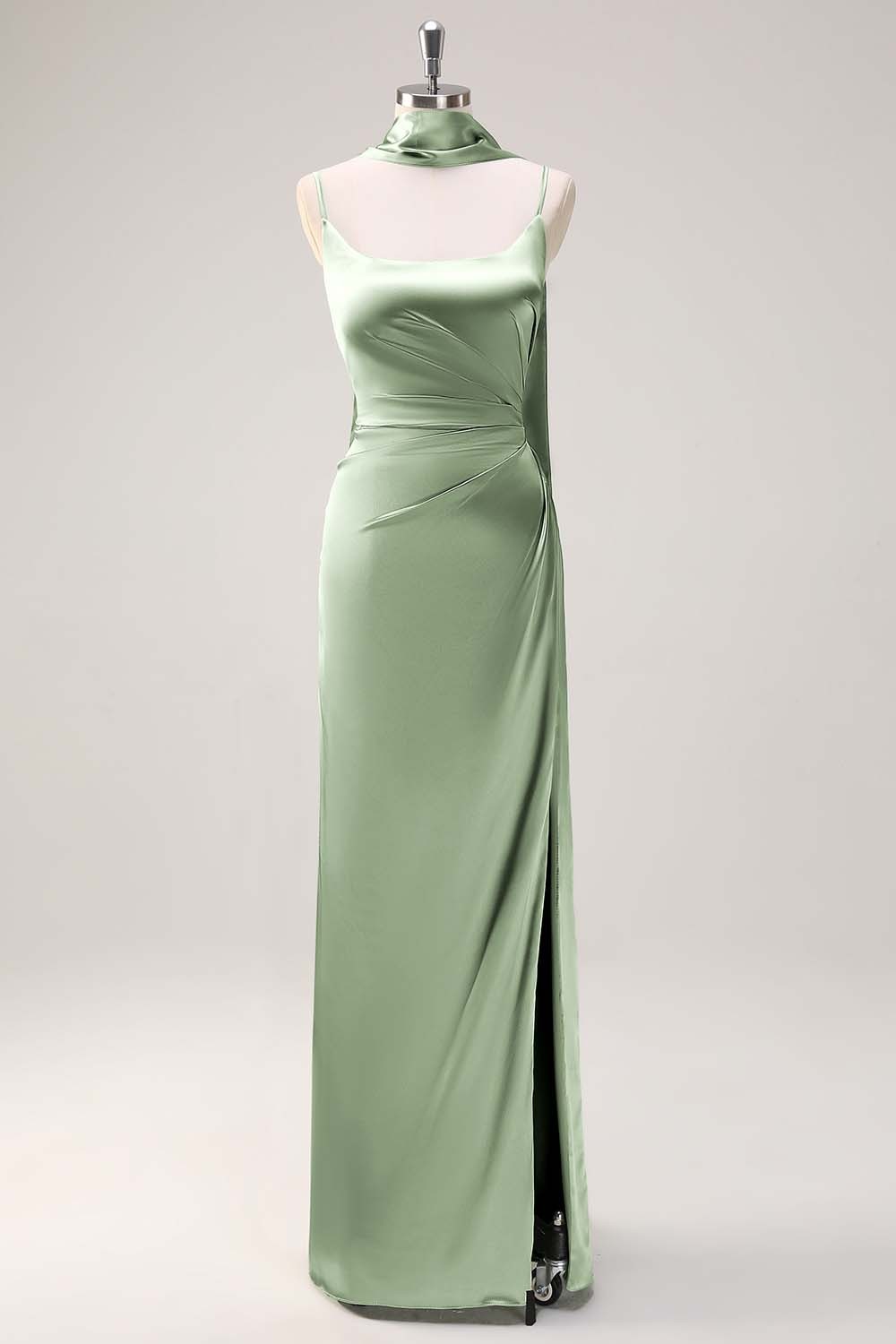 Sage Scoop Neck Sheath Satin Bridesmaid Dress with Ribbon