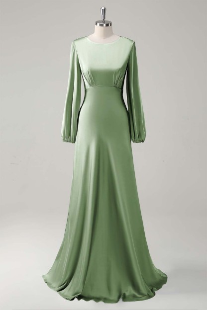 Sage Long Sleeves Satin A-Line Bridesmaid Dress