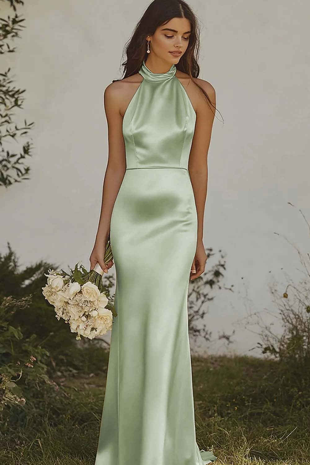 Elegant Light Yellow Sheath Halter Long Satin Bridesmaid Dress