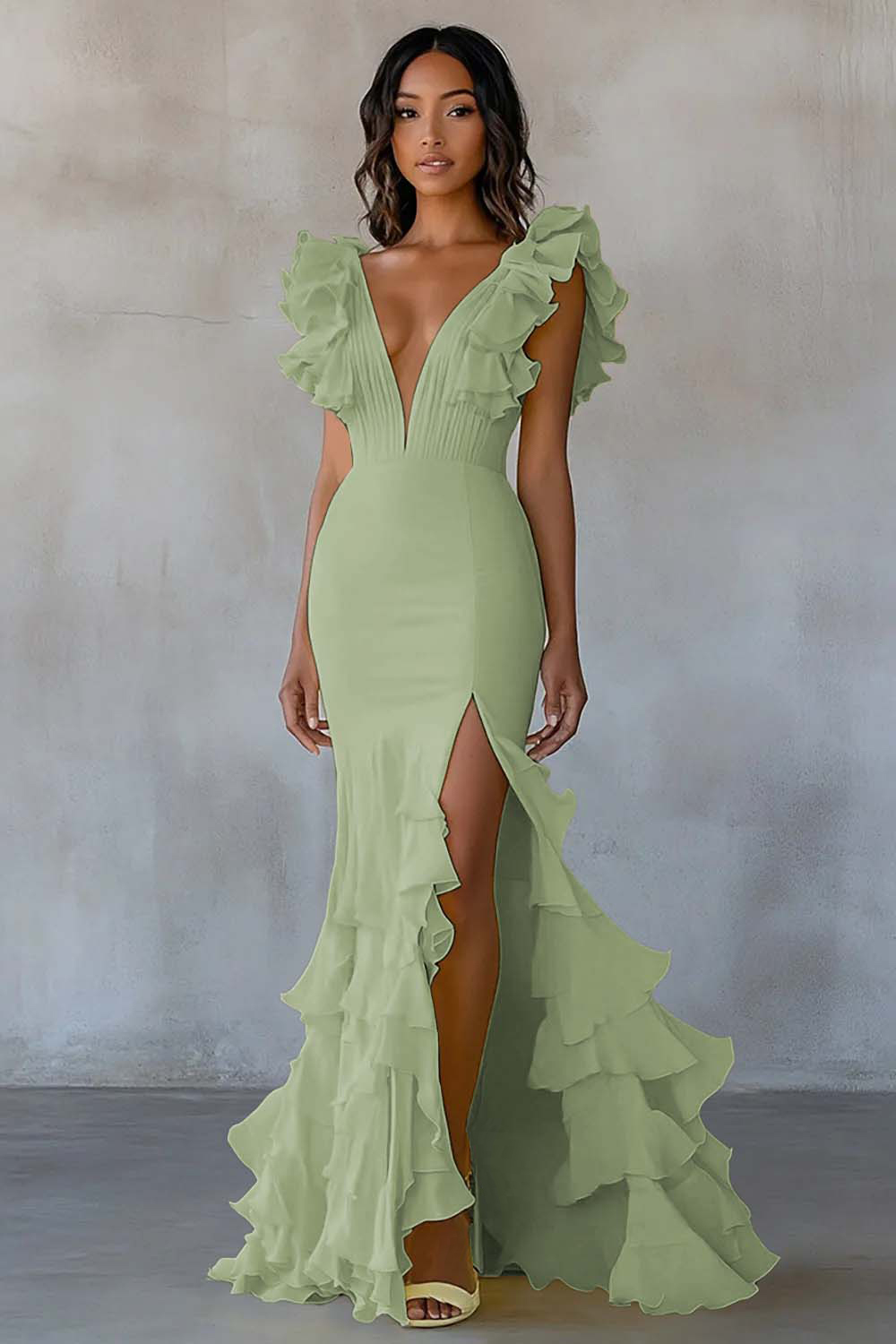 Yellow Chiffon V Neck Mermaid Ruffled Maxi Formal Dress with Slit