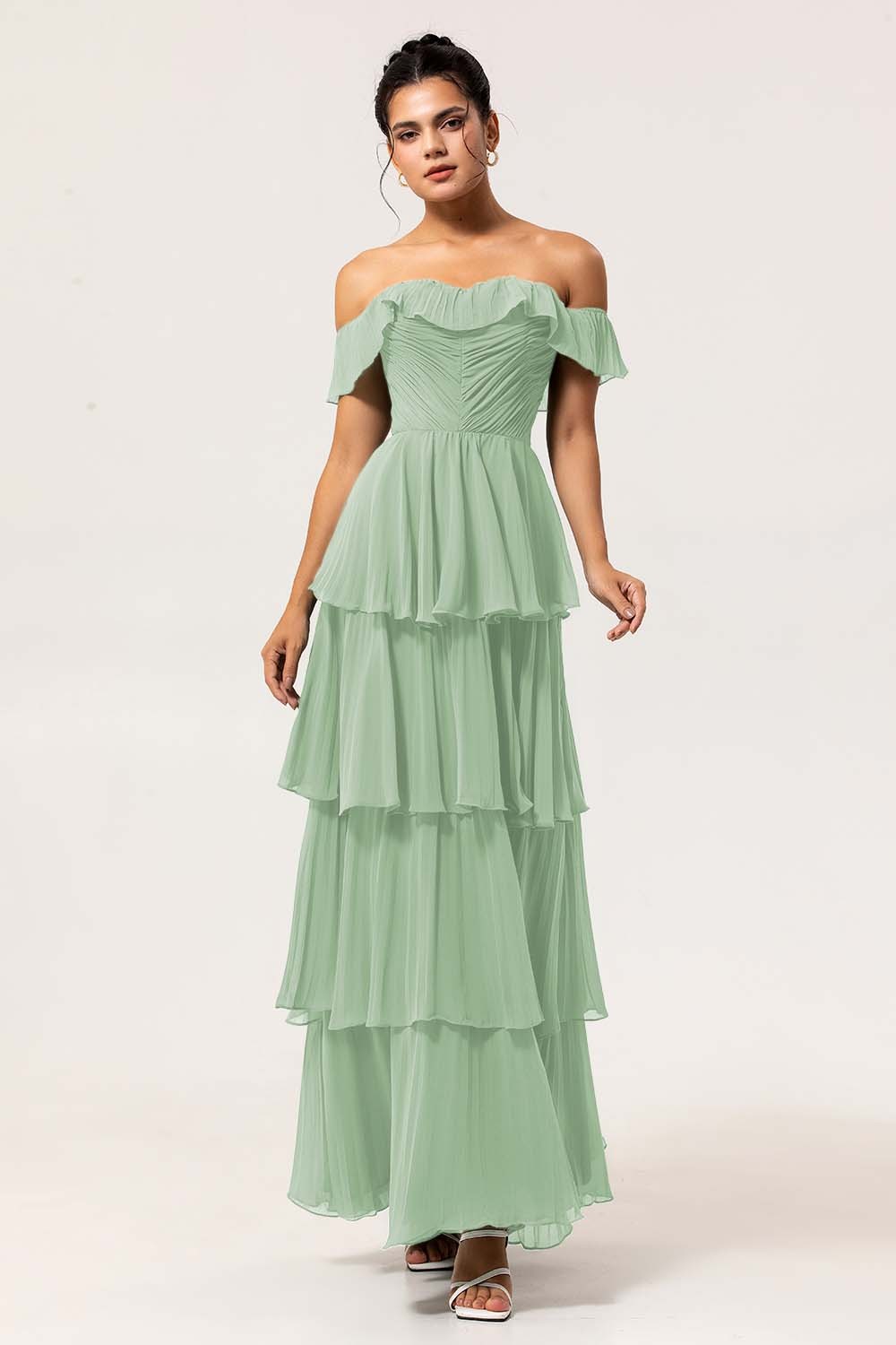 Eucalyptus Tiered Off the Shoulder Maxi Bridesmaid Dress