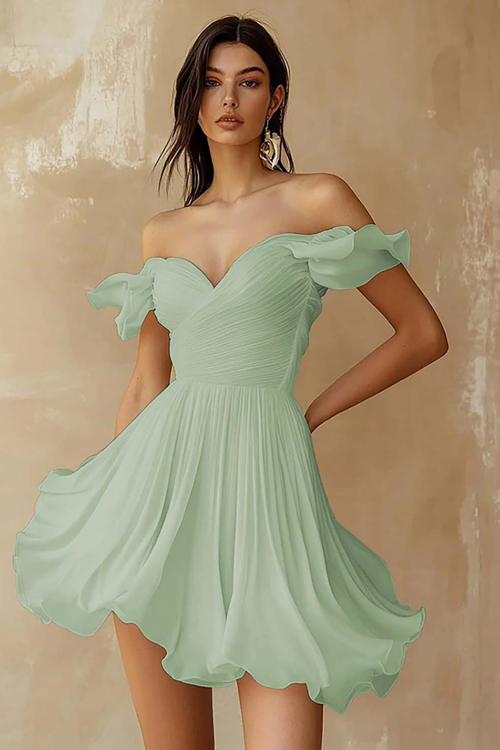 Chiffon Pleated A Line Off the Shoulder Mini Little White Dress with Ruffles