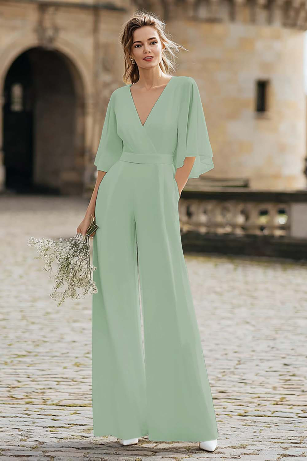 Ivory V-Neck Half Sleeves Wedding Jumpsuits with Pockets