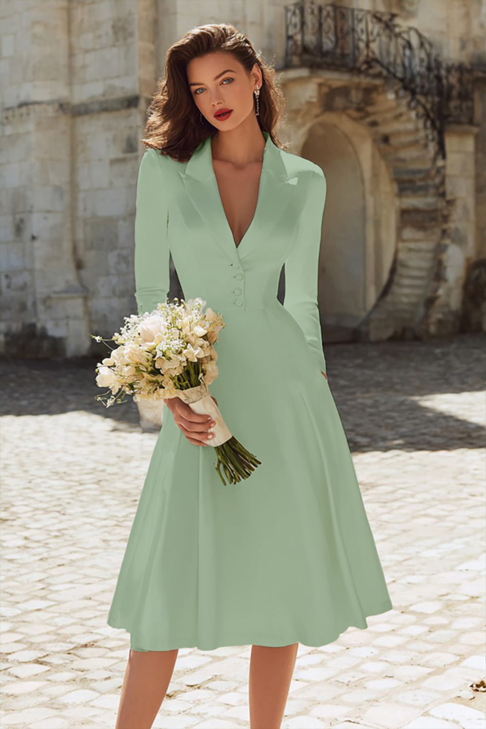 Ivory A Line Peak Lapel Midi Engagement Blazer Dress with Sleeves