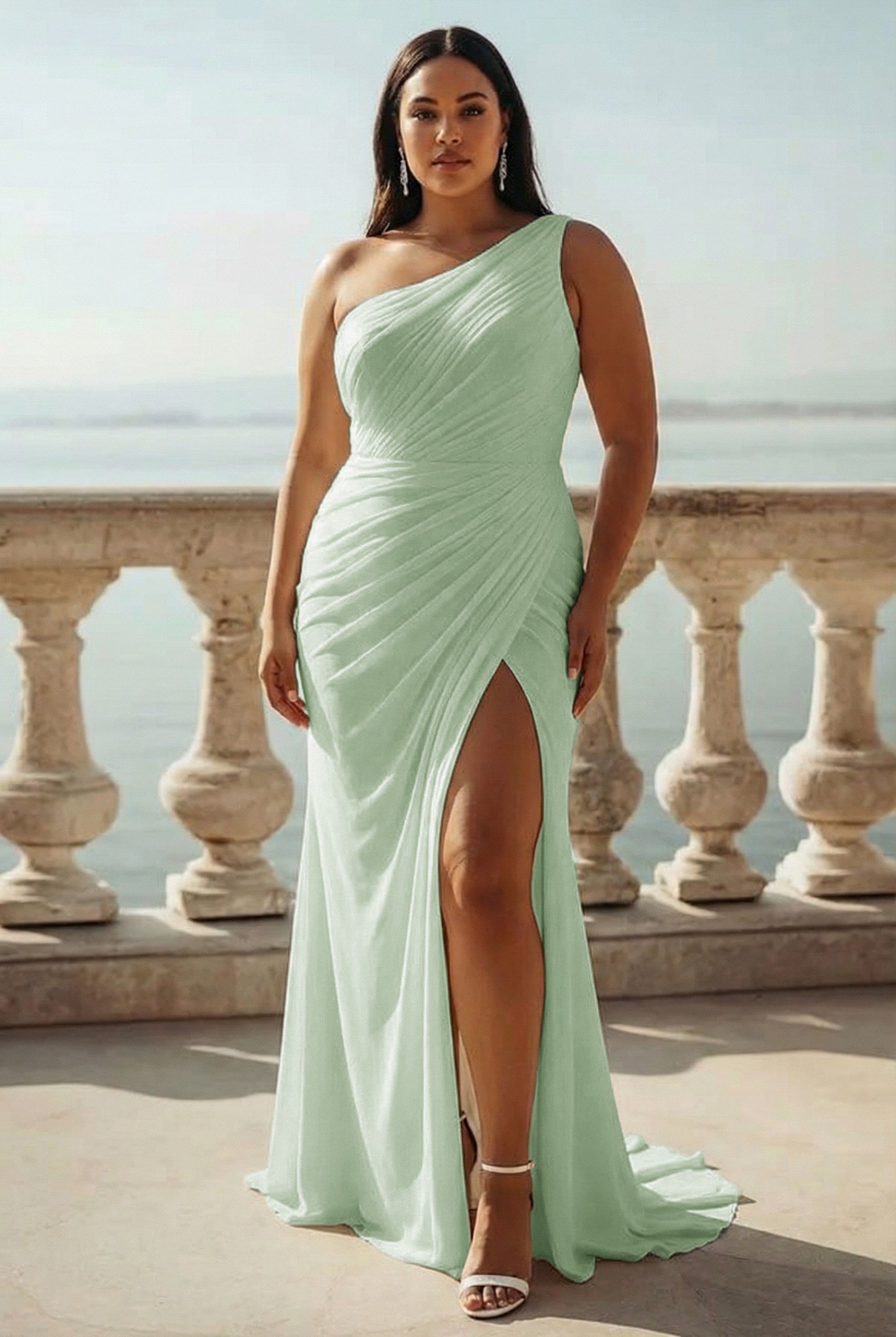 Ivory Chiffon One Shoulder Ruched Beach Maxi Engagement Dress with Slit