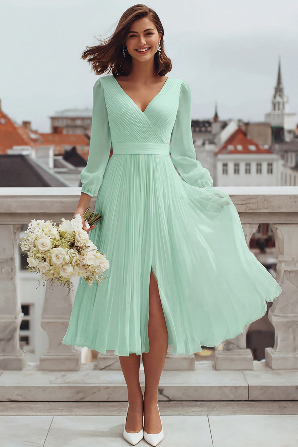 Ivory V-Neck A Line Midi Engagement Dress with Slit