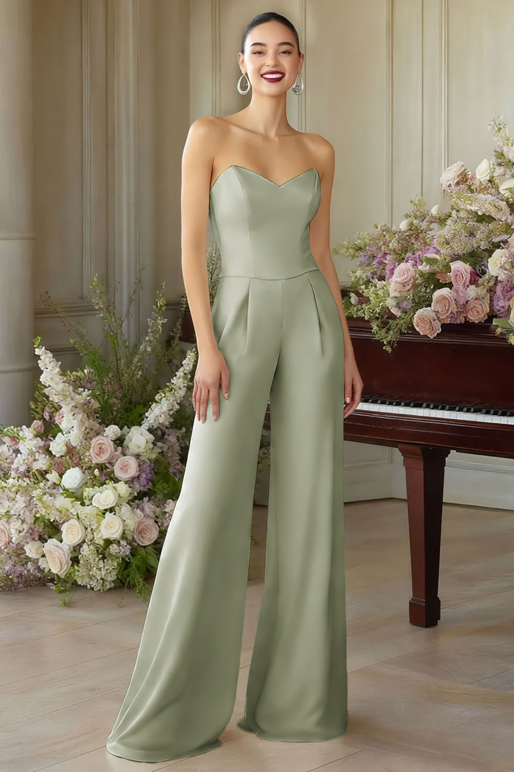 White Sweetheart Wide Leg Formal Jumpsuits