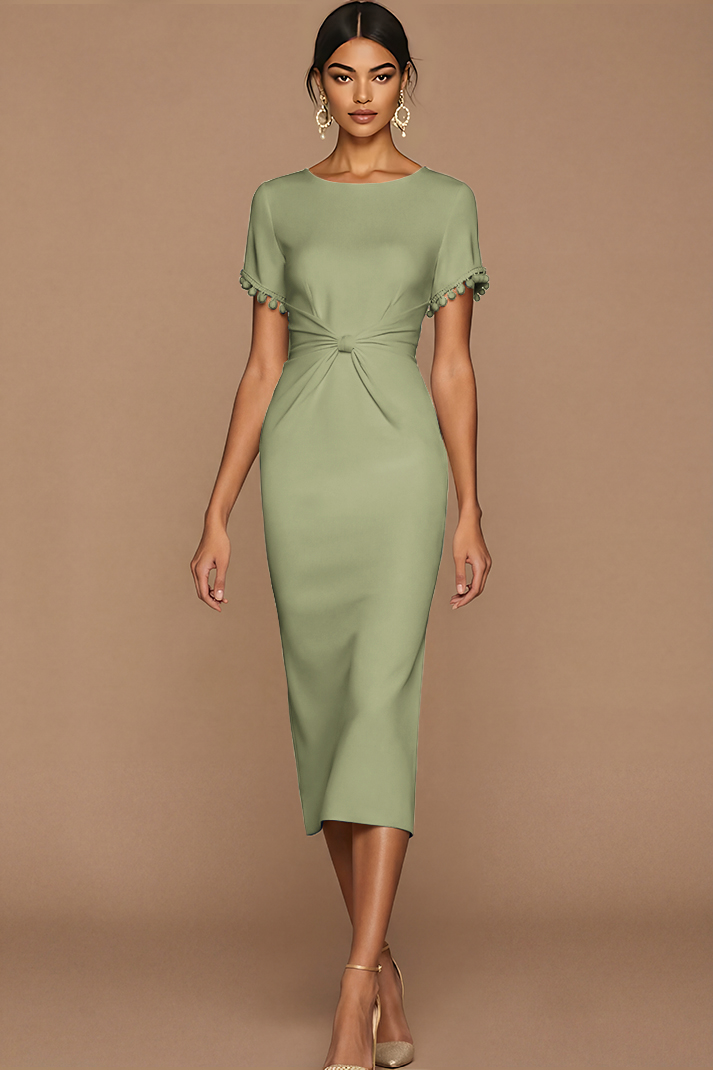 White Bodycon Jewel Neck Midi Wedding Reception Dress with Sleeves