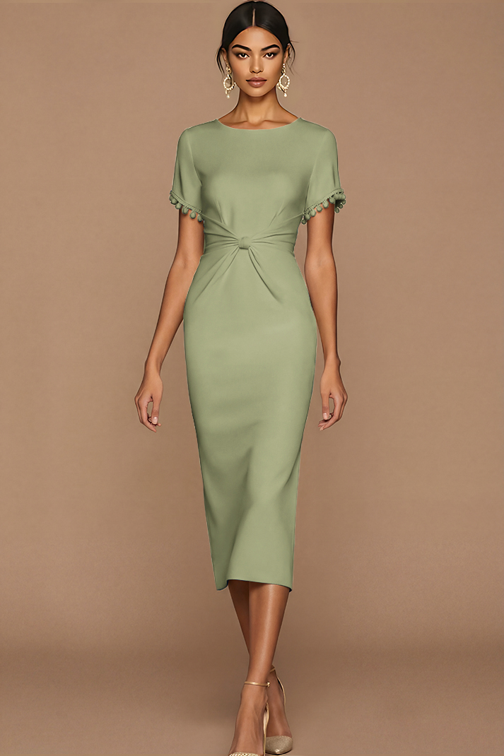 White Bodycon Jewel Neck Midi Wedding Reception Dress with Sleeves