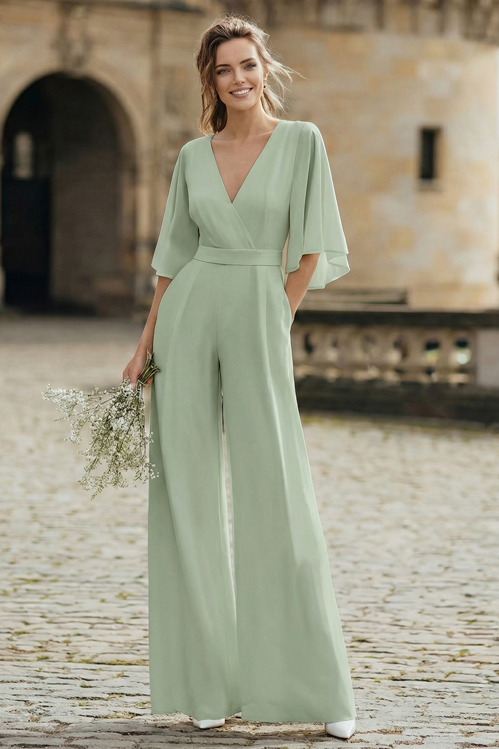 Ivory V-Neck Half Sleeves Wedding Jumpsuits with Pockets