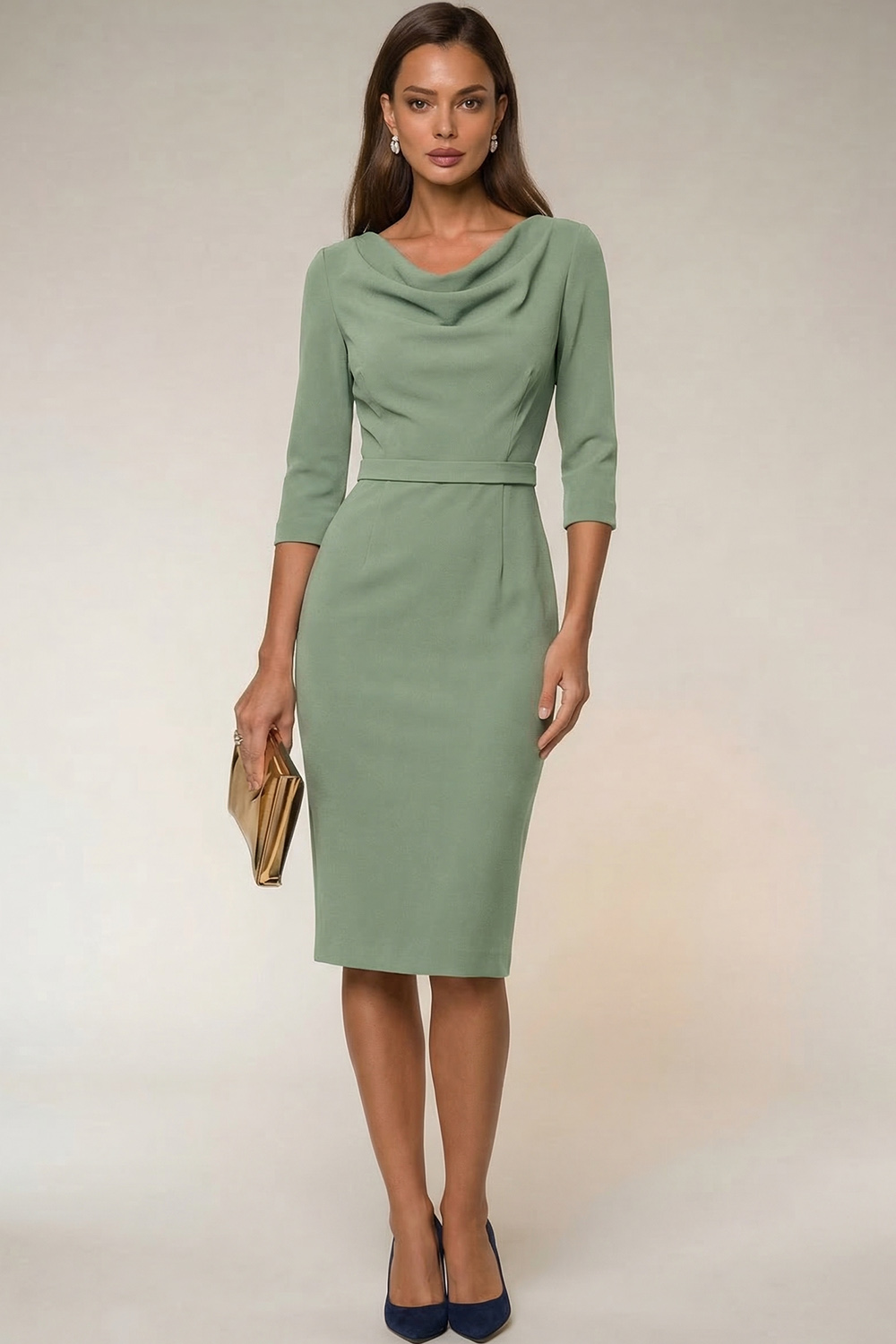 Navy Bodycon Cowl Neck Long Sleeves Midi Work Dress