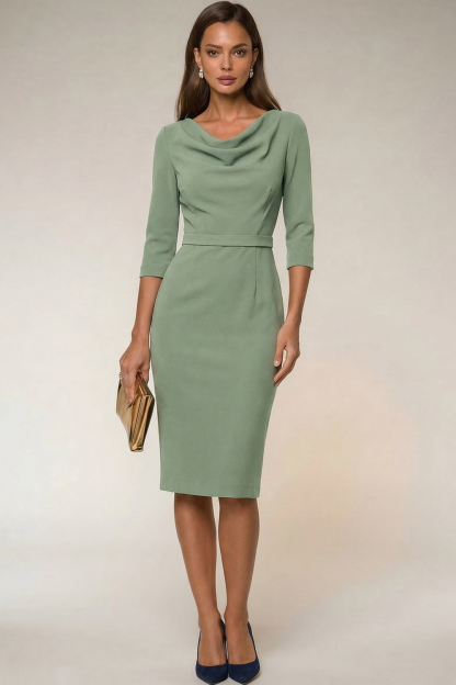 Navy Bodycon Cowl Neck Long Sleeves Midi Work Dress