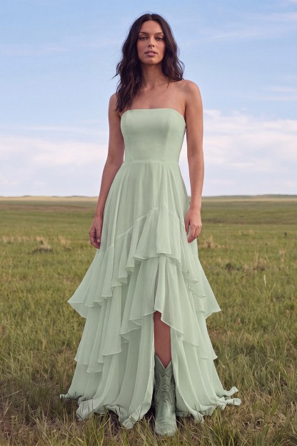 White Strapless A Line Swep Train Tiered Western Wedding Dress with Ruffles