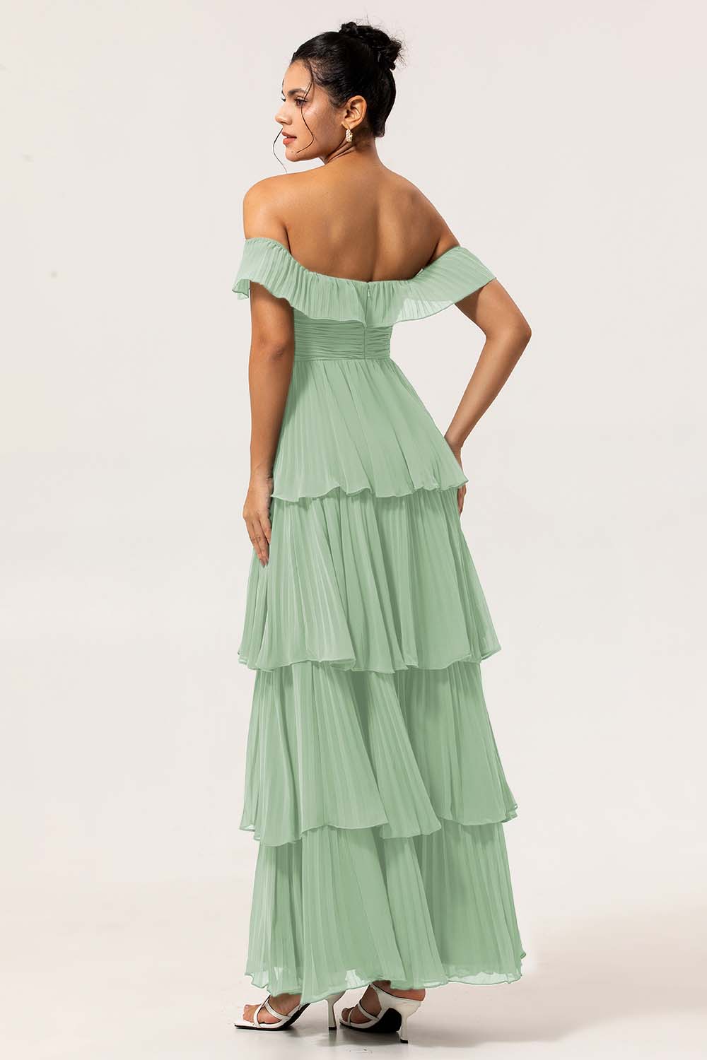 Eucalyptus Tiered Off the Shoulder Maxi Bridesmaid Dress