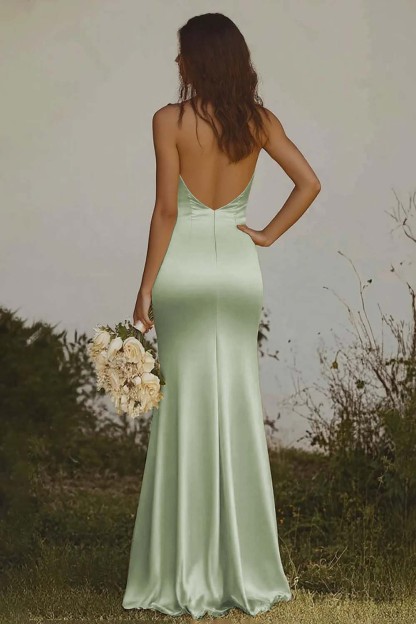 Elegant Light Yellow Sheath Halter Long Satin Bridesmaid Dress