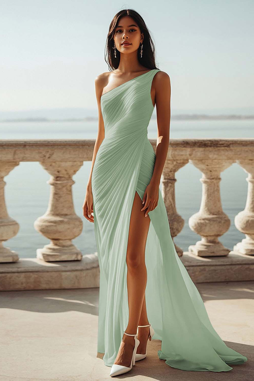 Ivory Chiffon One Shoulder Ruched Beach Maxi Engagement Dress with Slit