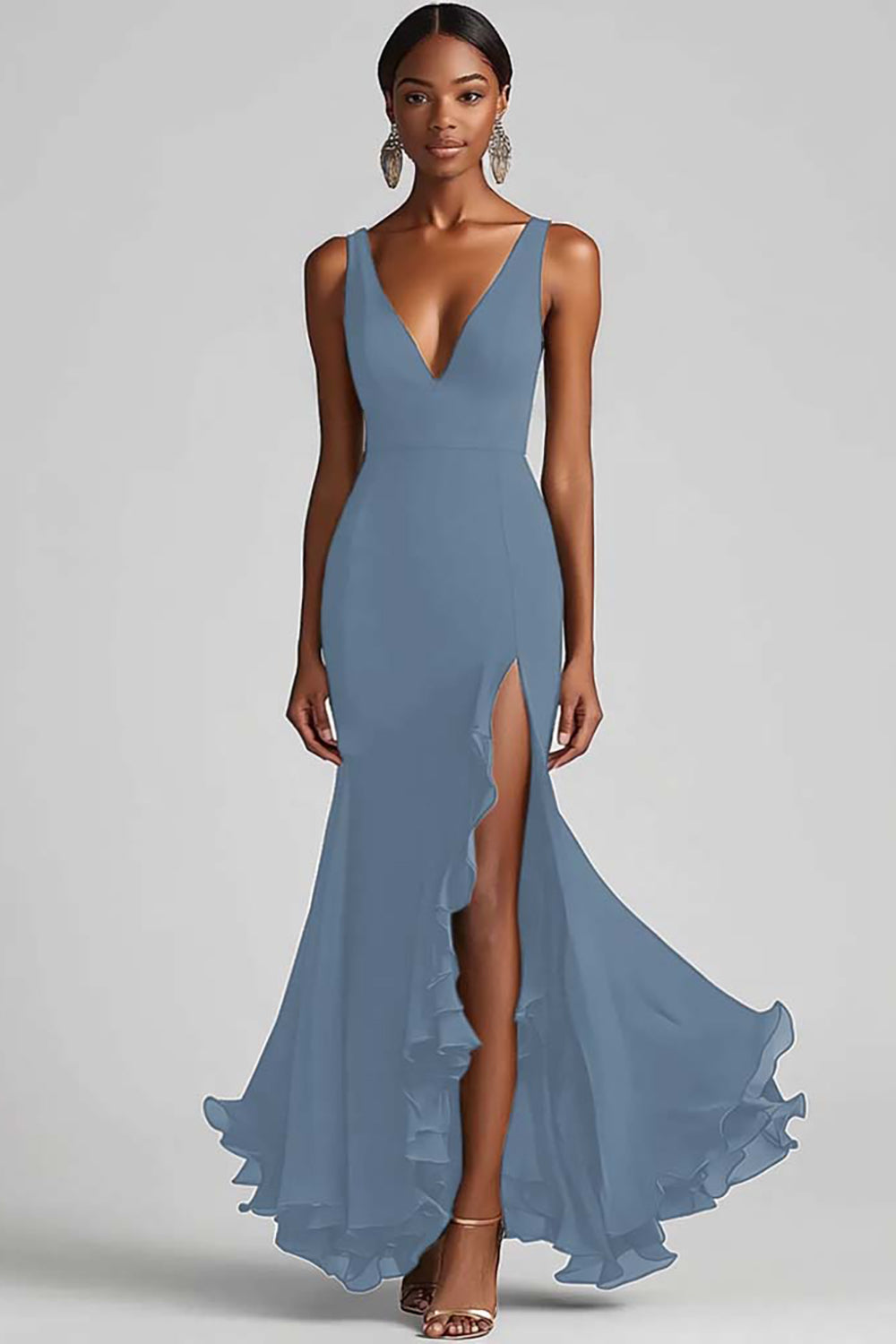 Black Chiffon Mermaid V Neck Maxi Formal Dress with Slit