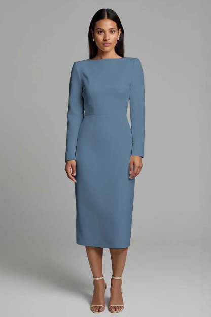 Simple Pencil Ivory Plus Size Bateau Neck Midi Work Dress with Slit