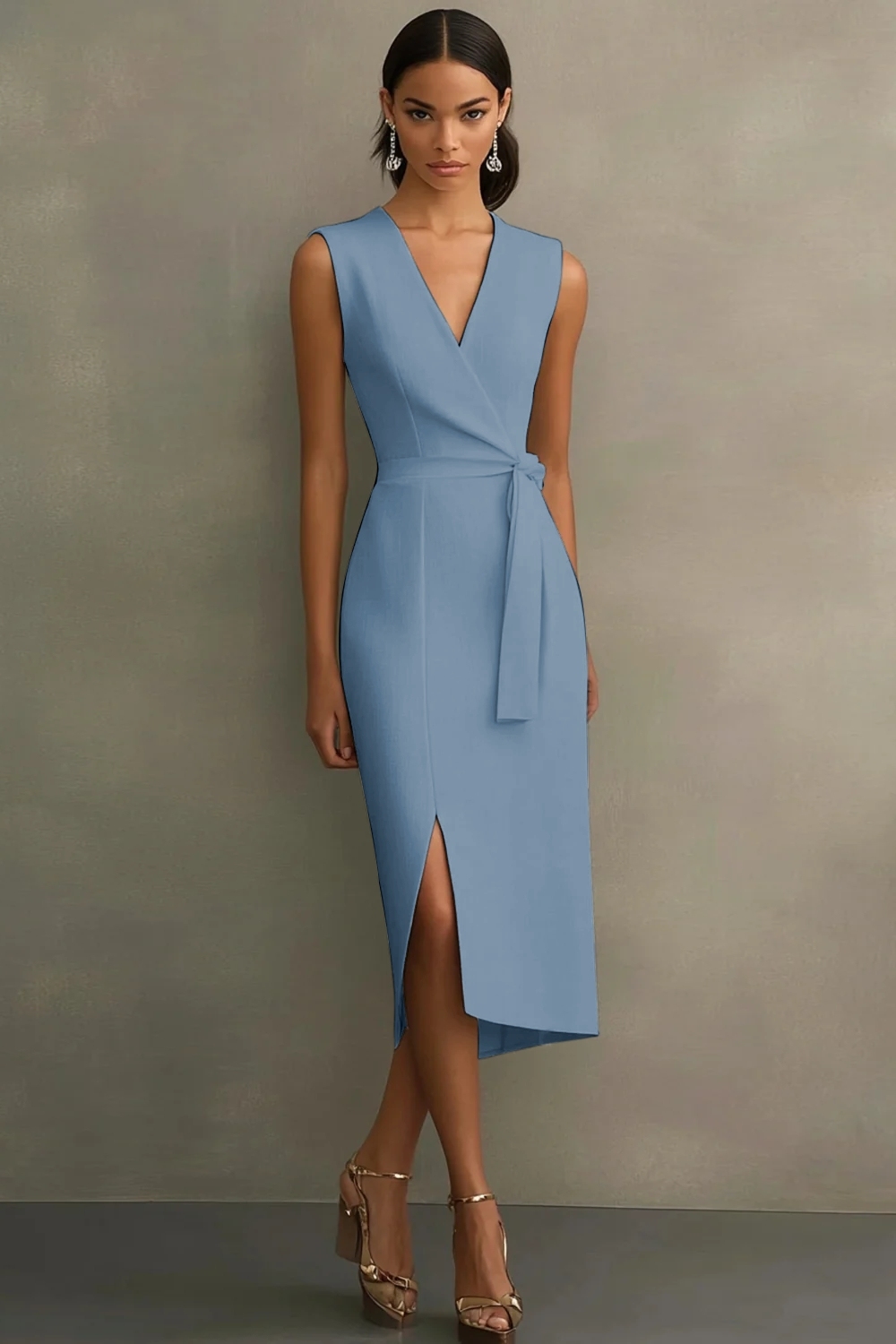 White Sheath V-Neck Tea Length Semi Formal Dress with Sash