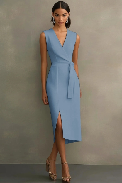 White Sheath V-Neck Tea Length Semi Formal Dress with Sash