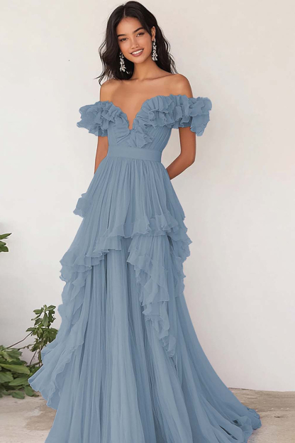 Lilac Chiffon Off the Shoulder A Line Long Prom Dress with Ruffles