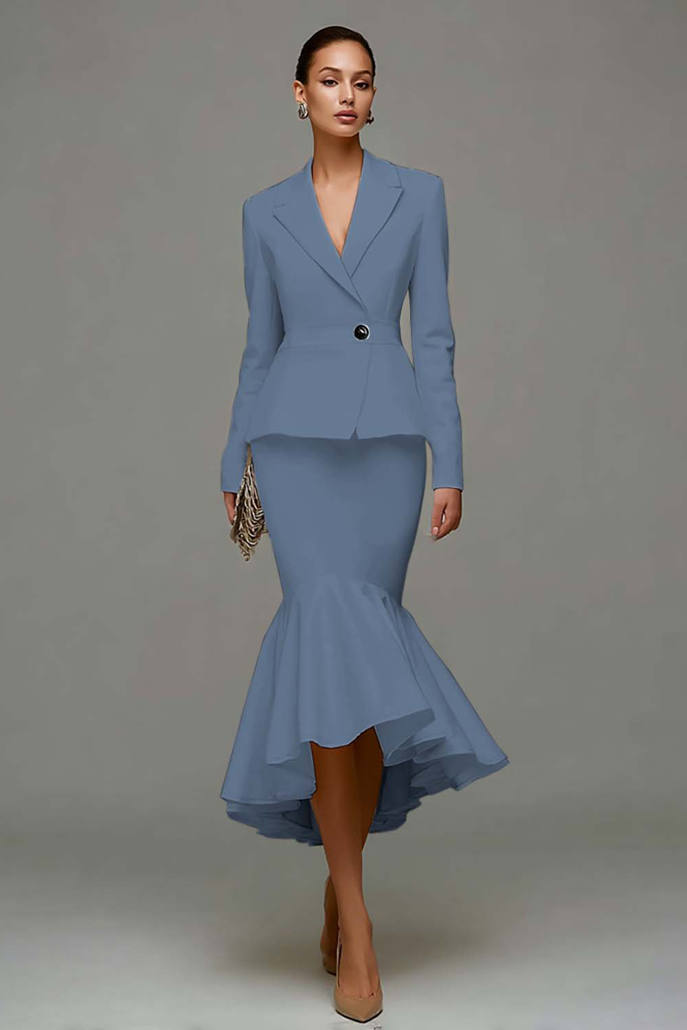 Ivory Satin Notched Lapel 2 Piece Mermaid Midi Business Suits with Ruffles