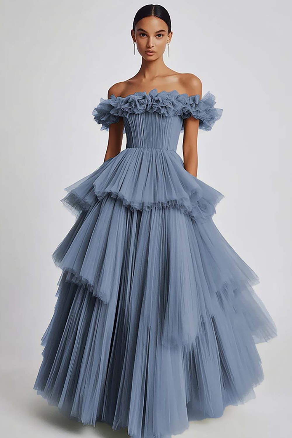 Dusty Sage Ball Gown Tulle Tiered Long Formal Dress with Ruffles