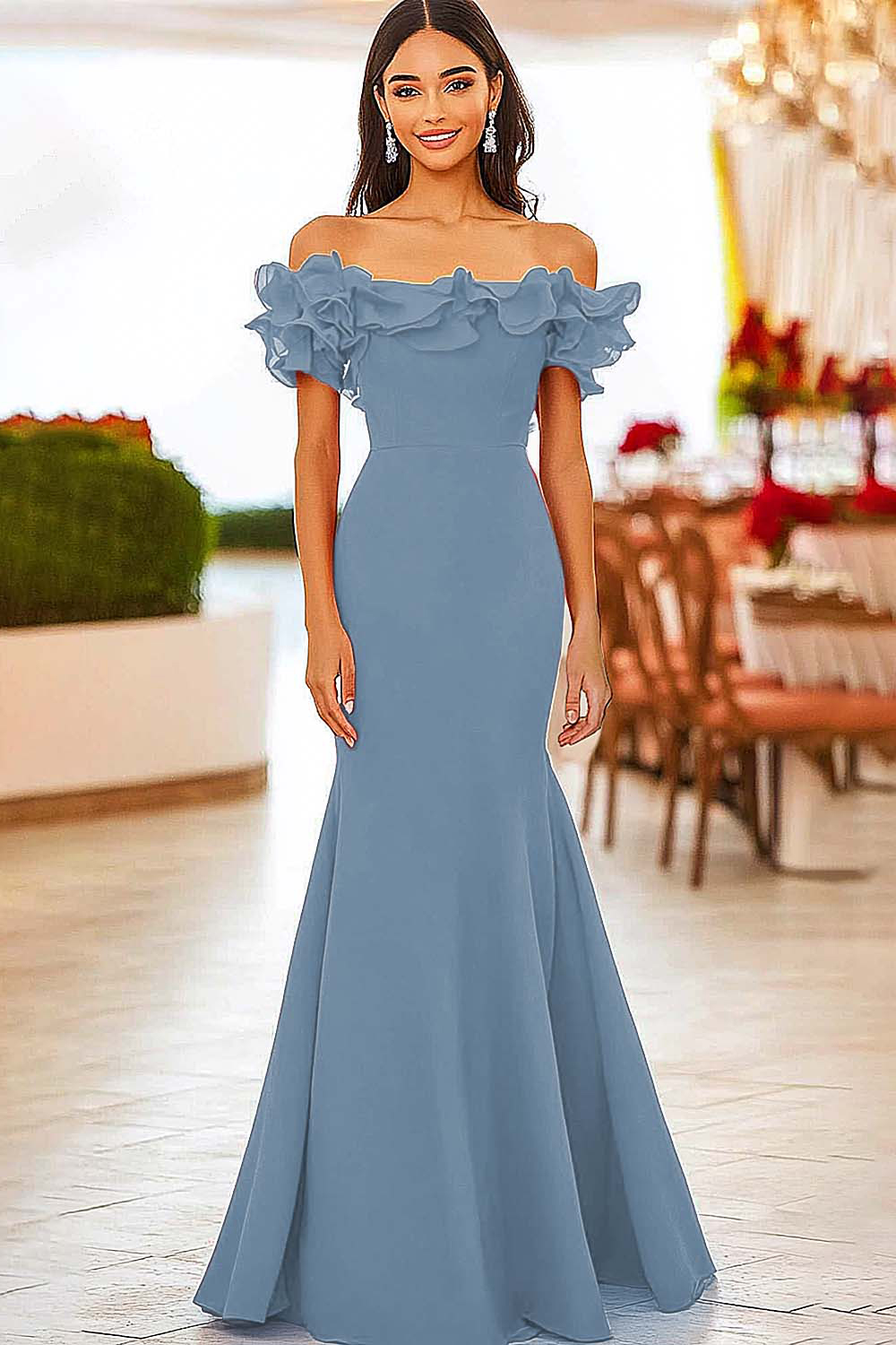 Red Off the Shoulder Mermaid Ruffled Formal Dress