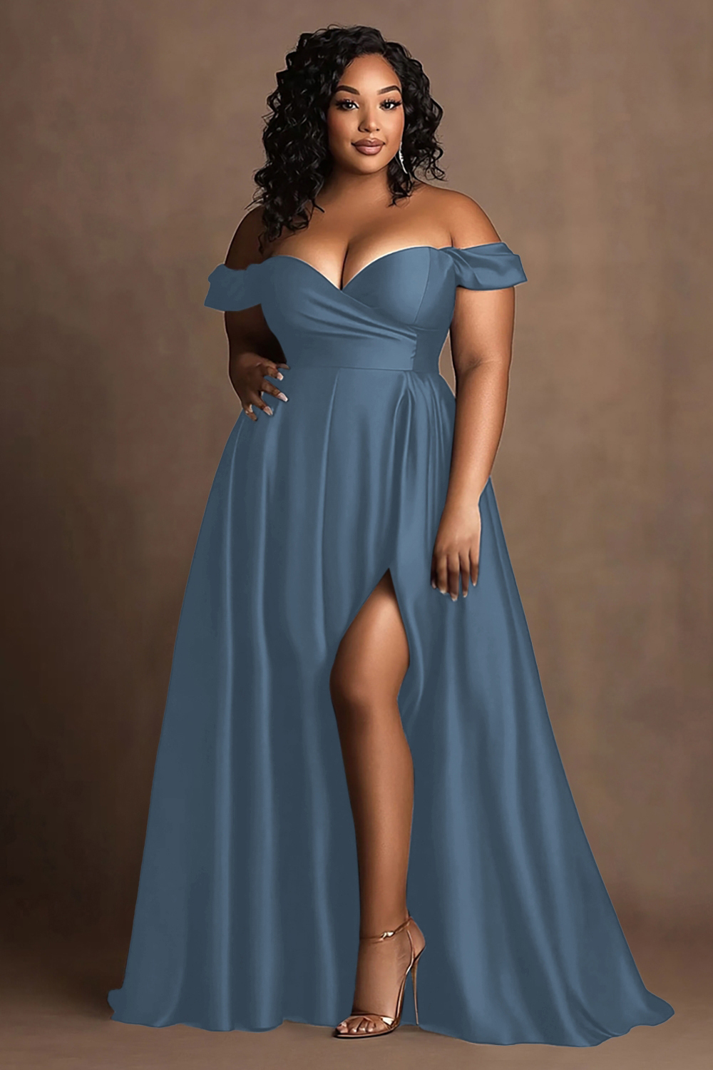 Navy Plus Size Off the Shoulder Long Satin A Line Formal Dress with Slit