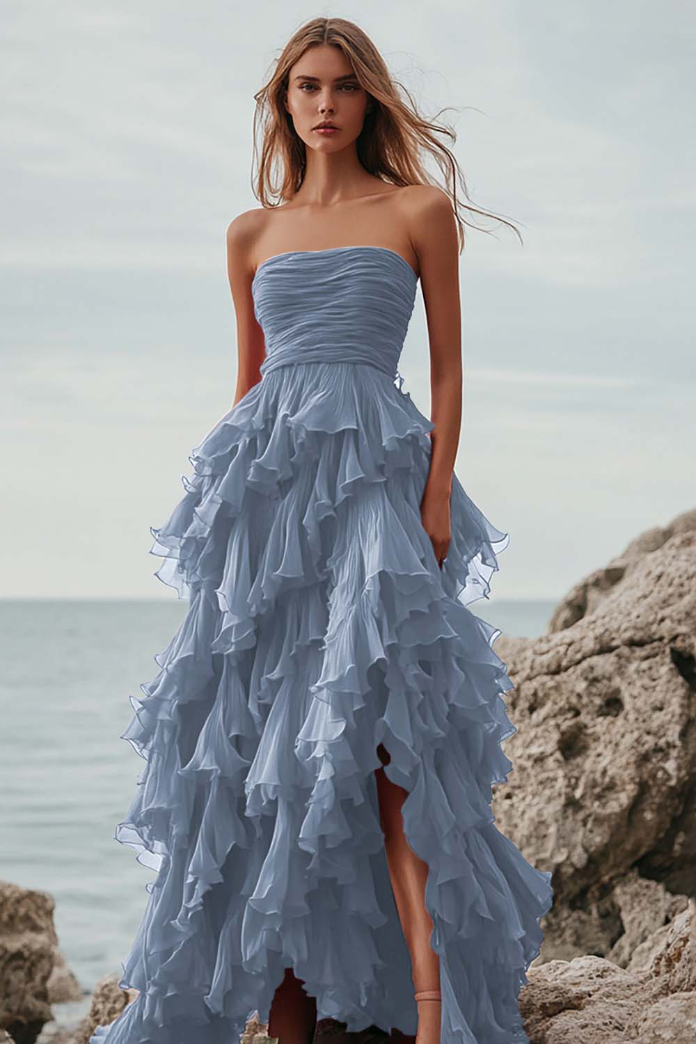 Fuchsia Tulle Strapless A Line Ruffled Long Formal Dress with Slit