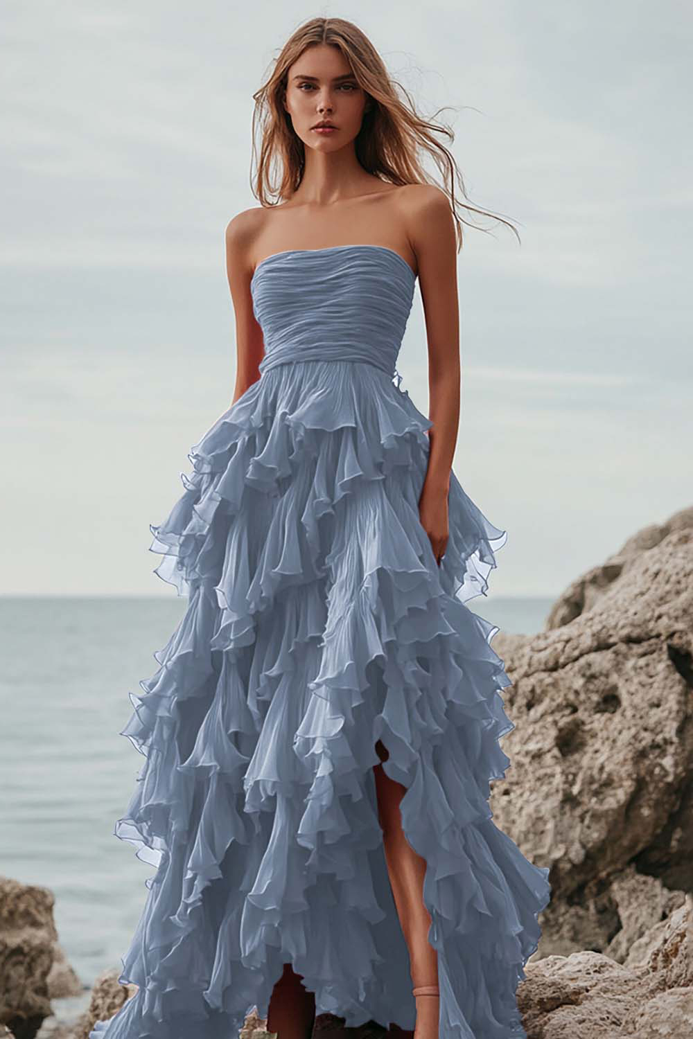 Fuchsia Tulle Strapless A Line Ruffled Long Formal Dress with Slit