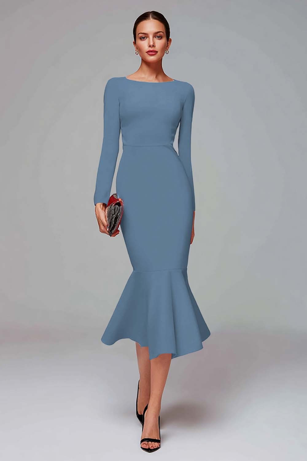 Elegant Midi Red Mermaid Long Sleeves Work Dress