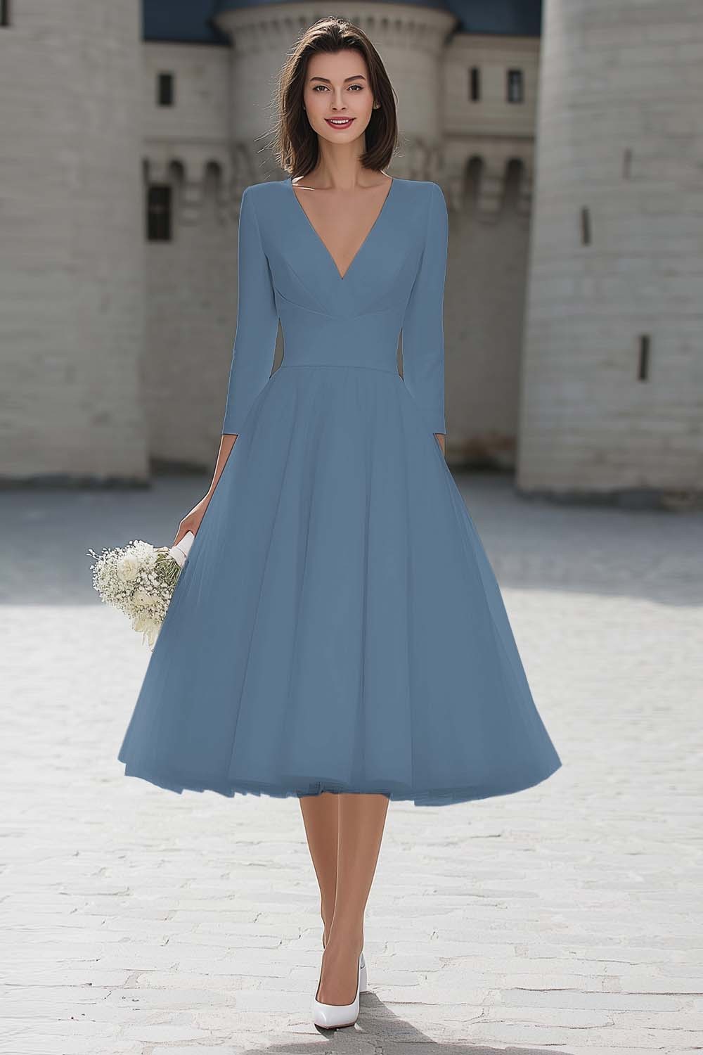 Ivory V-Neck A Line Midi Simple Wedding Dress with Sleeves