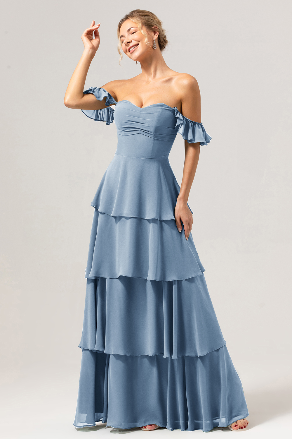 Eucalyptus Off the Shoulder Sweetheart Tiered A-Line Bridesmaid Dress