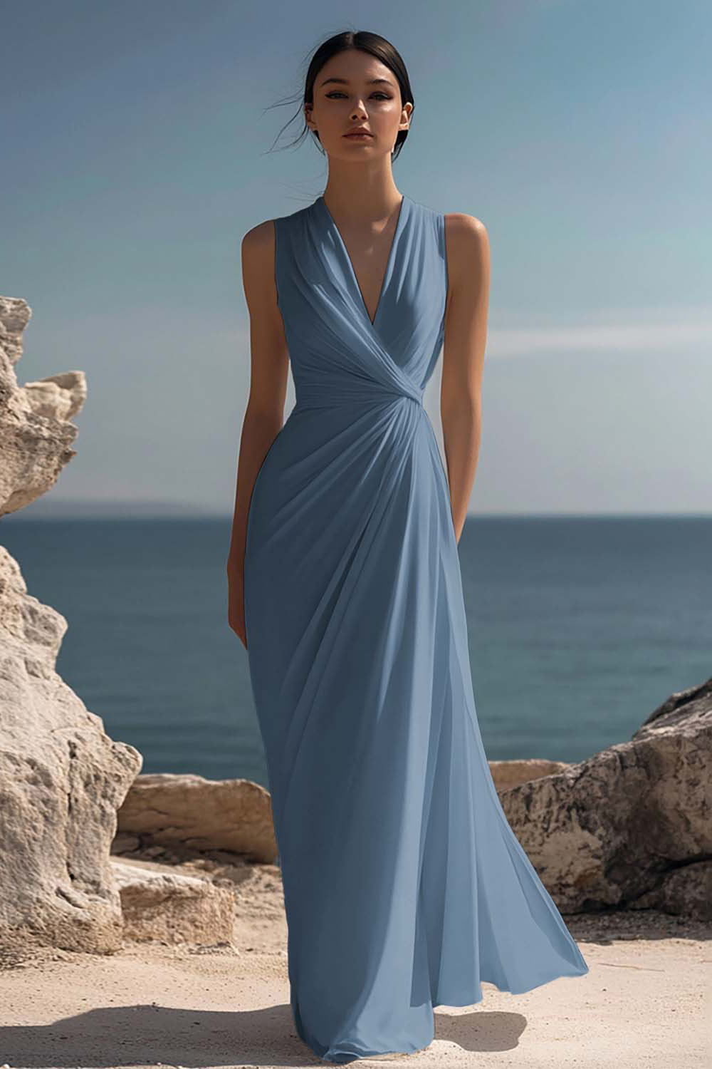 Leely Women White Chiffon Sheath Maxi Rehearsal Dinner Dress Ruched V-Neck Sleeveless Long Engagement Dress