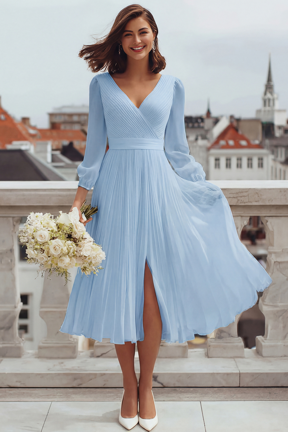 Ivory V-Neck A Line Midi Engagement Dress with Slit