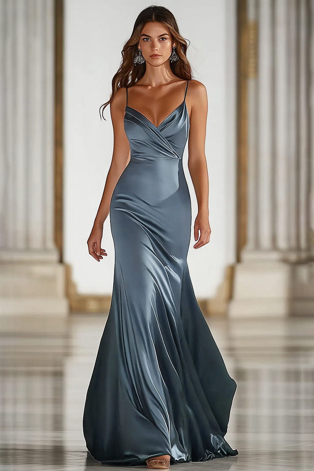 Dark Green Stretch Satin Spaghetti Straps Mermaid Formal Dress