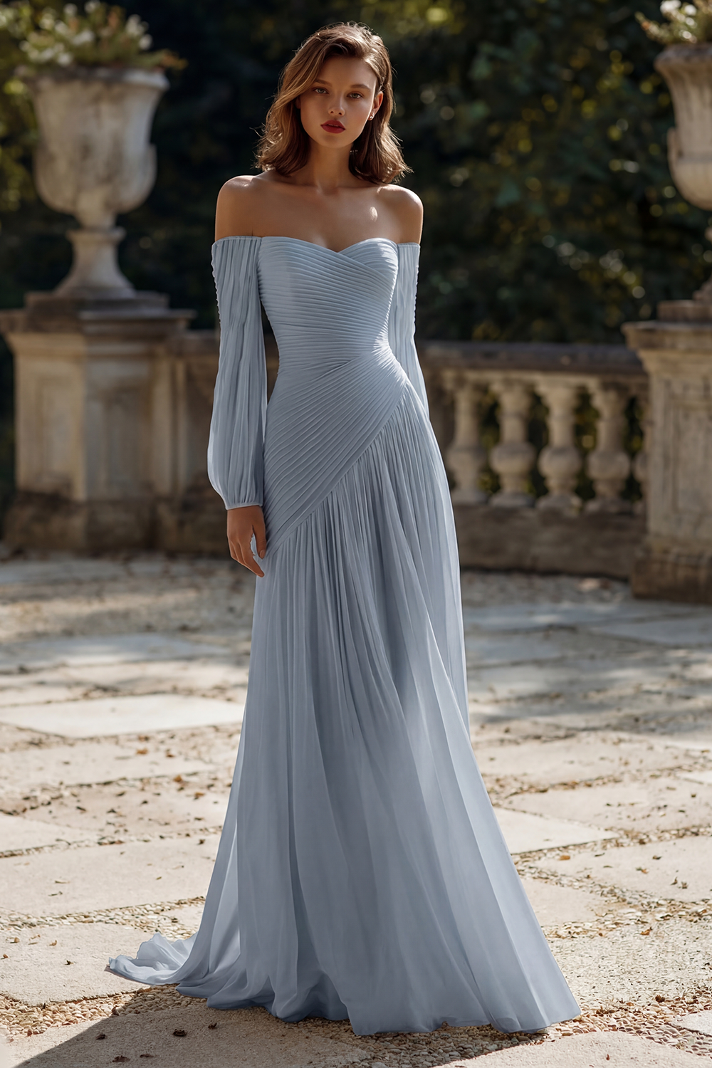 Simple Ivory Chiffon Sweep Train Ruched Wedding Dress with Sleeves