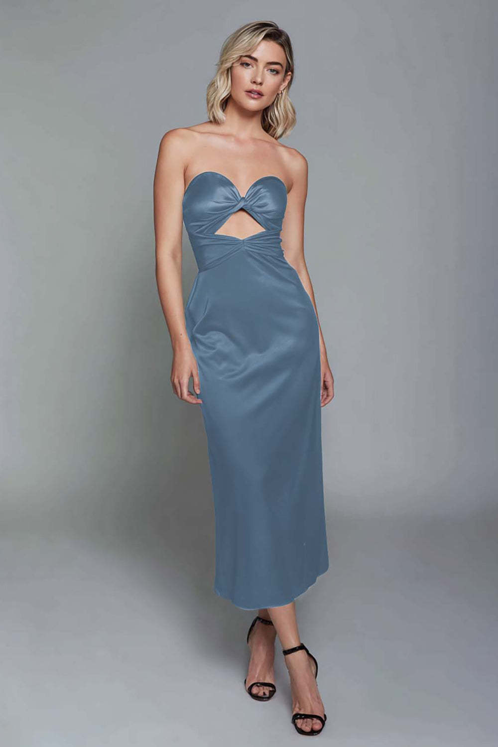 Dusty Blue Satin Sheath Sweetheart Keyhole Maxi Formal Dress