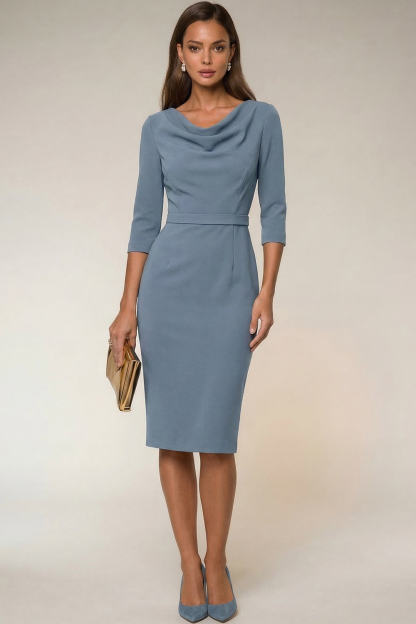 Navy Bodycon Cowl Neck Long Sleeves Midi Work Dress
