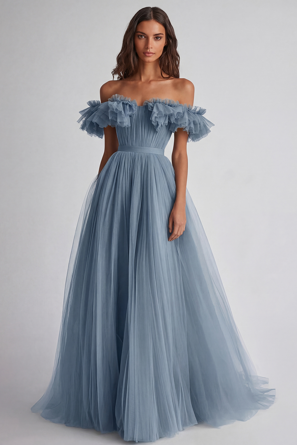 Dusty Sage A Line Tulle Long Wedding Guest Dress with Ruffles