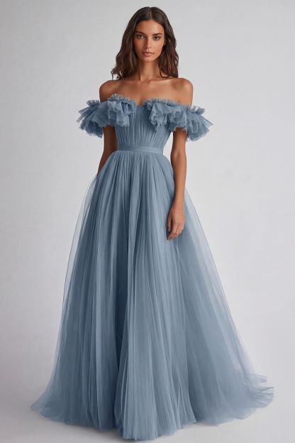 Dusty Sage A Line Tulle Long Wedding Guest Dress with Ruffles