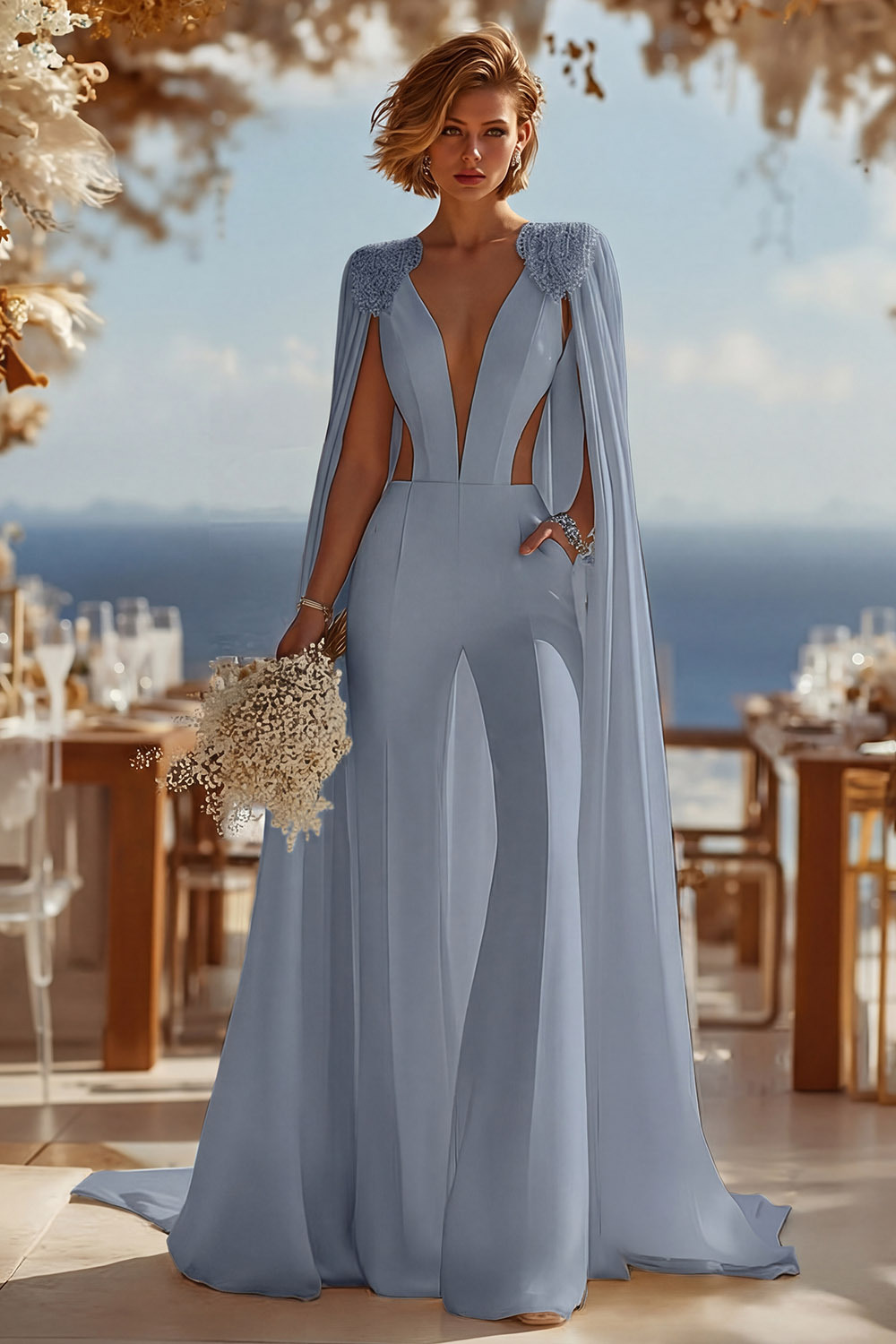 Ivory Cut Out Deep V-Neck Bridal Jumpsuits with Cape