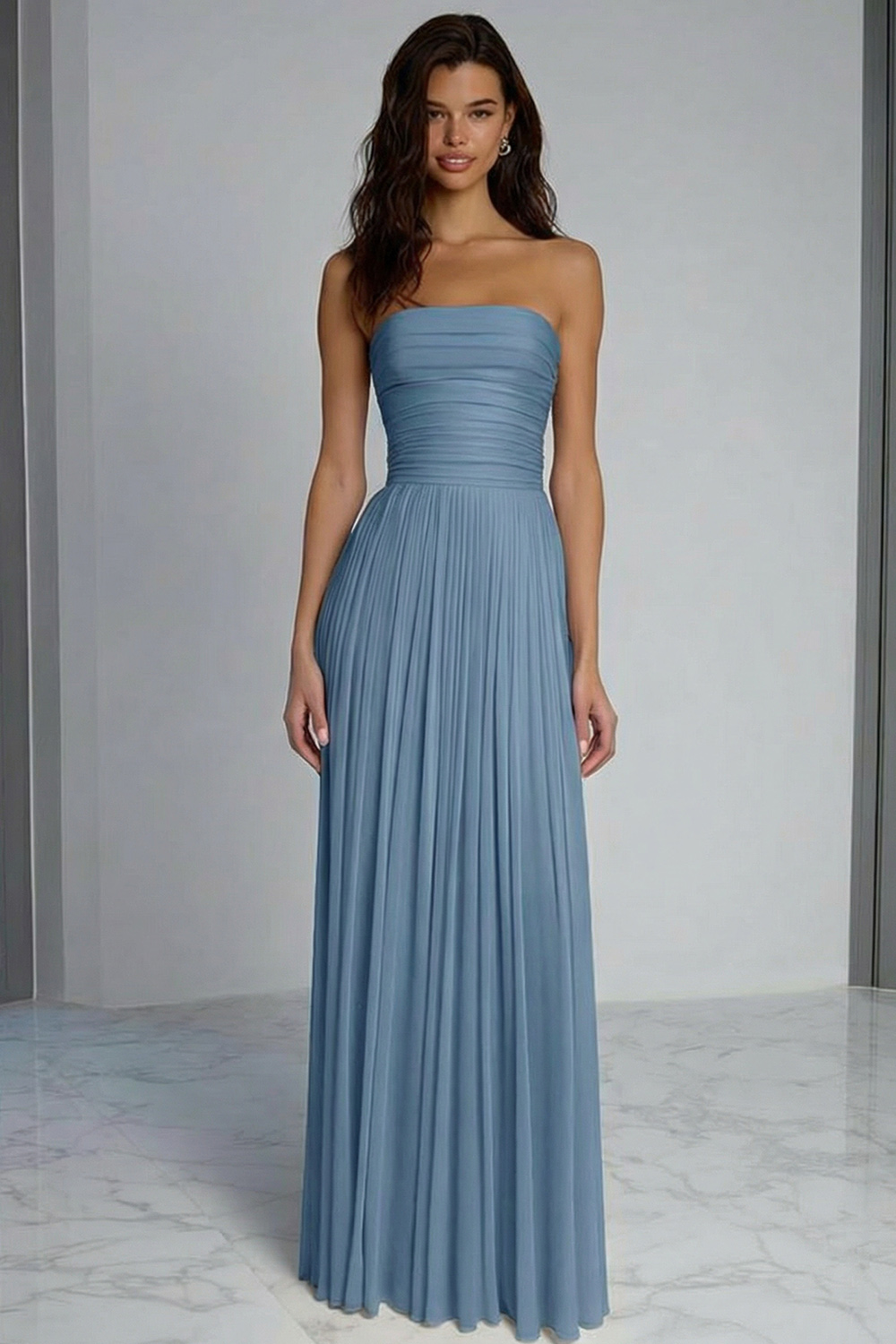 Champagne Pleated Sheath Strapless Long Bridesmaid Dress