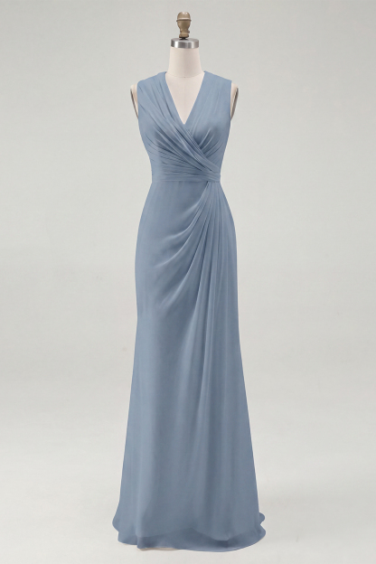 White Chiffon Sheath V-Neck Ruched Maxi Rehearsal Dinner Dress