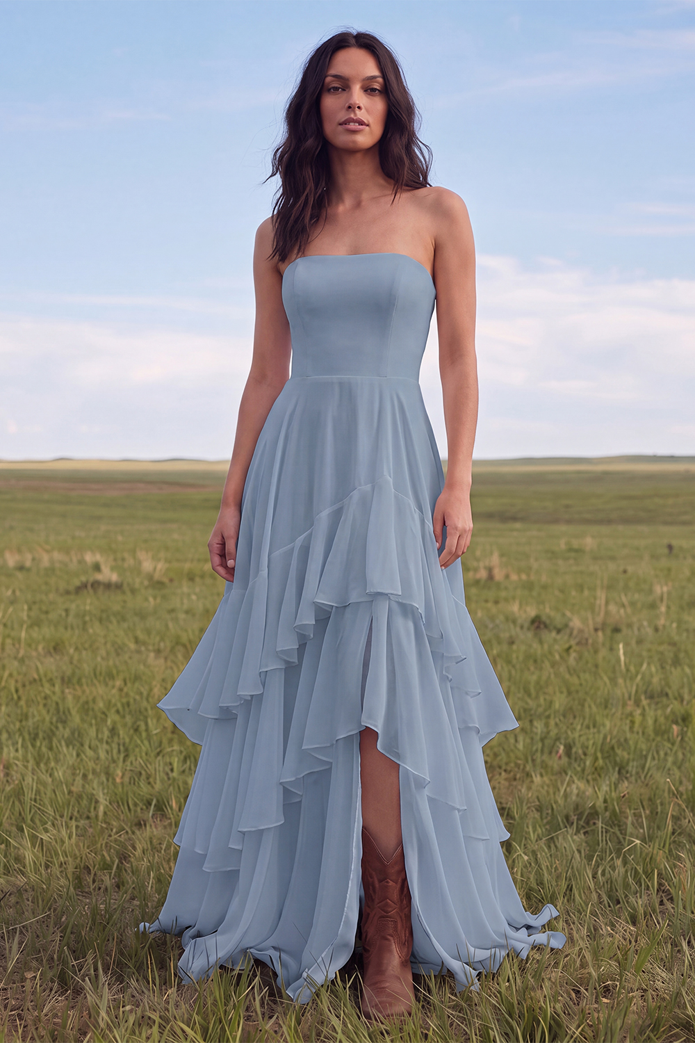 Leely Women White Chiffon A Line Sweep Train Western Wedding Dress with Slit Strapless Tiered Ruffled Sleeveless Bridal Dress